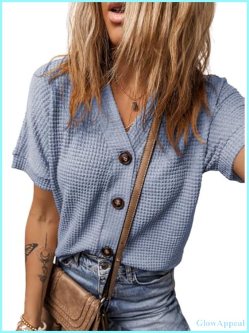 Waffle Knit Button Down Cardigan V-Neck Short Sleeve Summer Top
